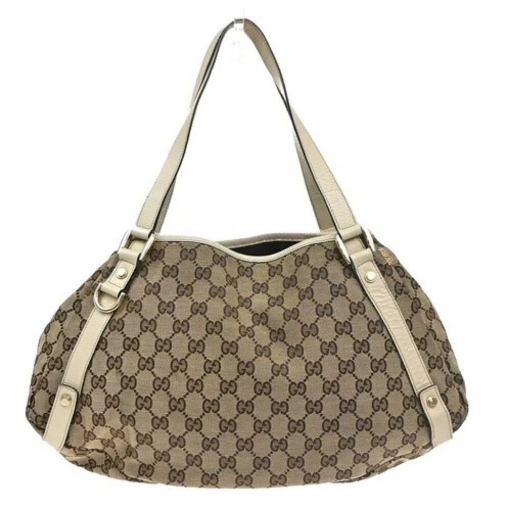 GUCCI Logo GG Pattern Shoulder Tote Bag Canvas Leather Brown White Italy 85EG225 - Picture 1 of 15